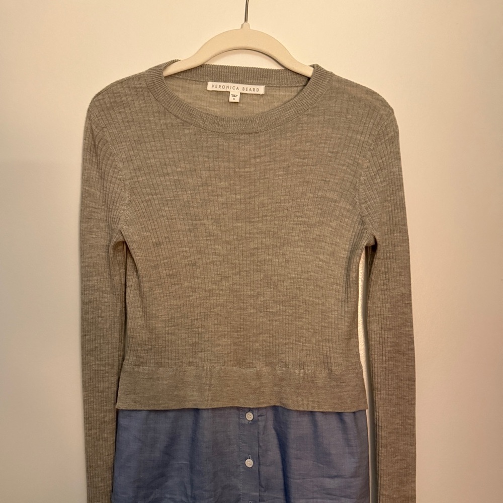 Veronica Beard Gray Knit Cropped Sweater with Blue Button-Down Layer